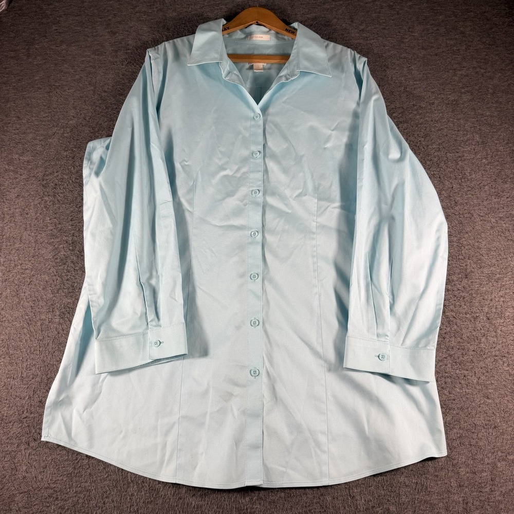 Chico's No-Iron Cotton Aqua Blue Roll-Tab Sleeve Button-Up Shirt SZ 3 XL Office